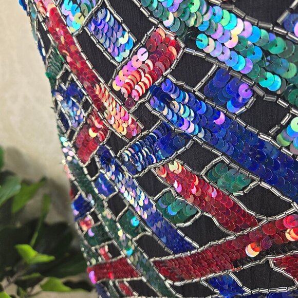 Vintage 80's Silk Sequin Beaded Evening Blouse Blue Green Fuchsia Black - Picture 3 of 16